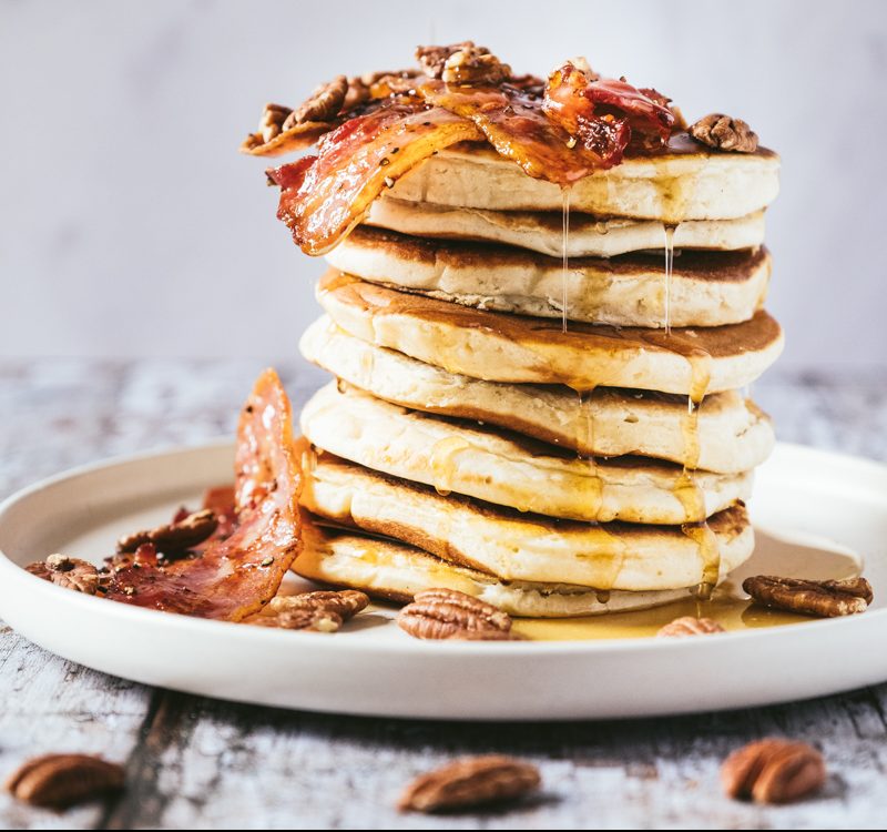 The Classic American Pancake Recipe With Bacon And Maple Syrup